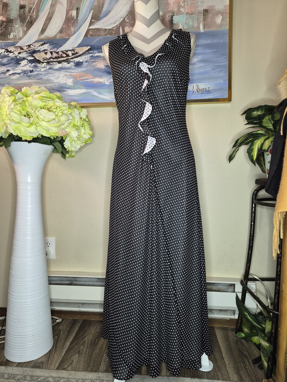 Charter Club Black and White Polka Dot Maxi Dress with Ruffle Trim